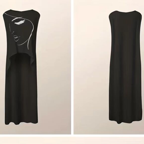 Sleeveless abstract, figure print round neck, asymmetrical hem tunic top. Says 2 - Picture 8 of 11